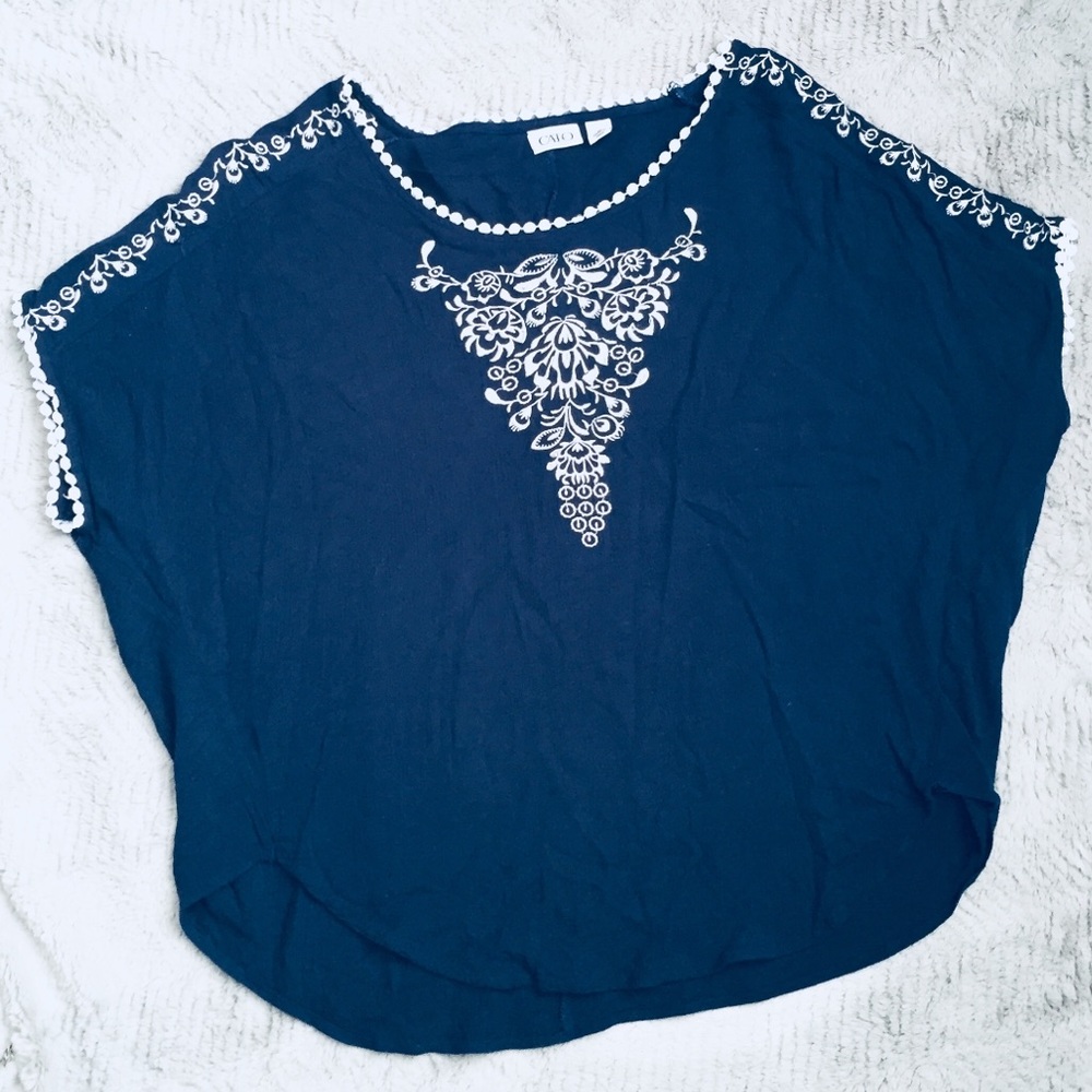 Cato Peasant Navy Embroidered Top